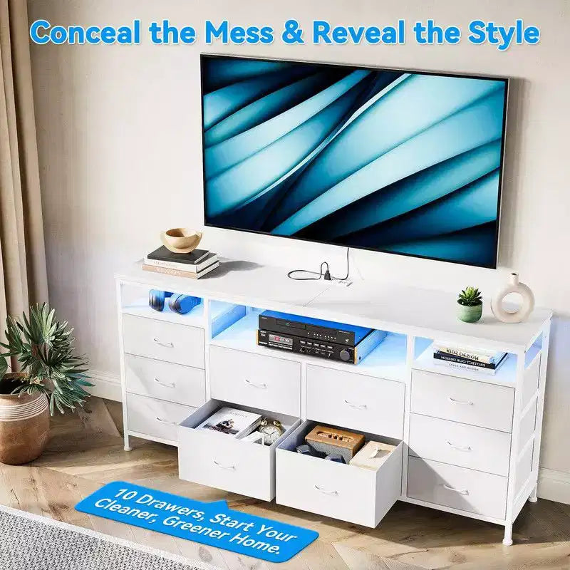 Commode 10 tiroirs de 160,8 cm, Meuble TV pour téléviseurs de 65, 70, 75 pouces, Commode en tissu avec lumières LED et prises de courant, Long meuble de rangement