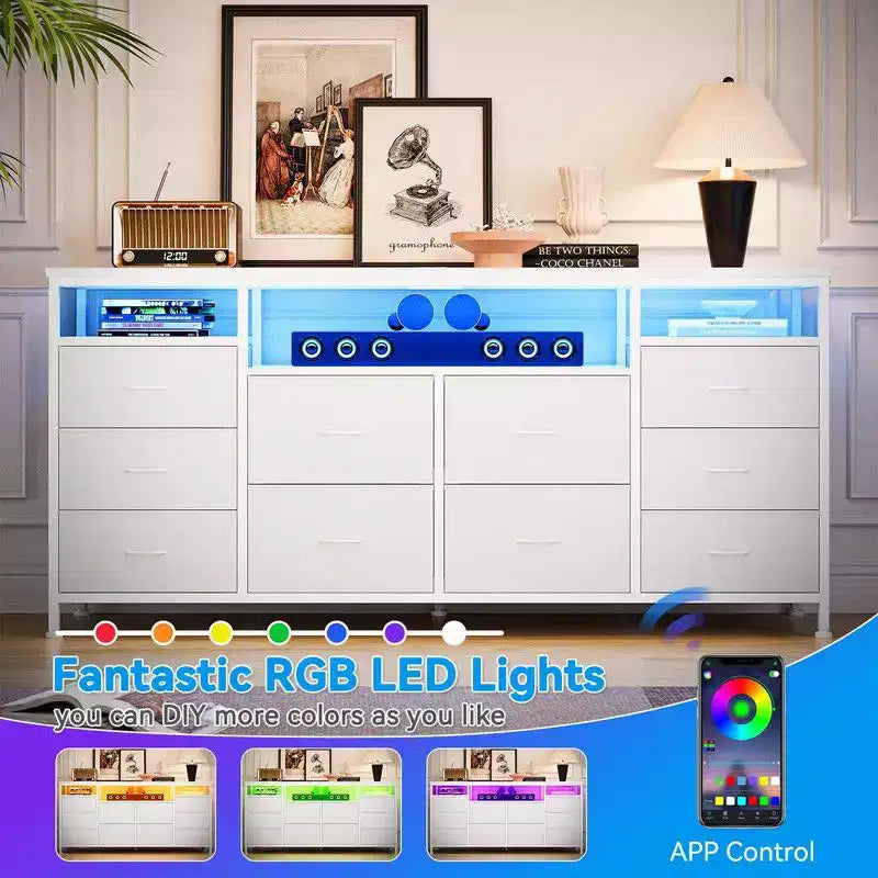 Commode 10 tiroirs de 160,8 cm, Meuble TV pour téléviseurs de 65, 70, 75 pouces, Commode en tissu avec lumières LED et prises de courant, Long meuble de rangement