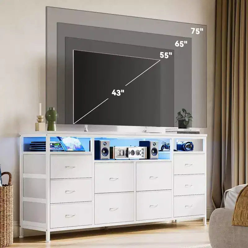 Commode 10 tiroirs de 160,8 cm, Meuble TV pour téléviseurs de 65, 70, 75 pouces, Commode en tissu avec lumières LED et prises de courant, Long meuble de rangement