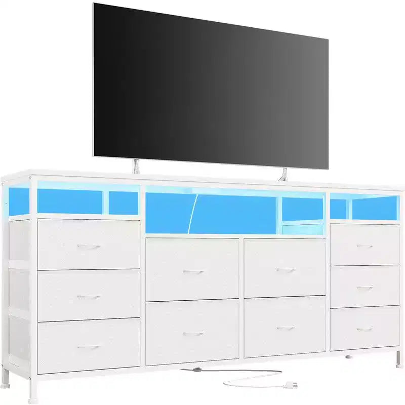 Commode 10 tiroirs de 160,8 cm, Meuble TV pour téléviseurs de 65, 70, 75 pouces, Commode en tissu avec lumières LED et prises de courant, Long meuble de rangement