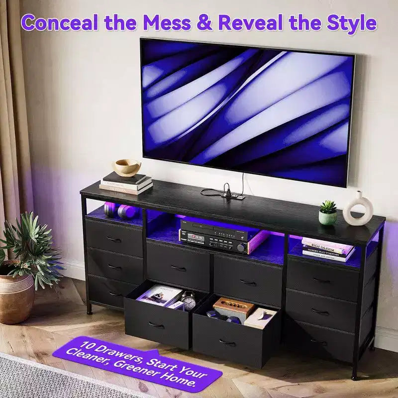 Commode 10 tiroirs de 160,8 cm, Meuble TV pour téléviseurs de 65, 70, 75 pouces, Commode en tissu avec lumières LED et prises de courant, Long meuble de rangement