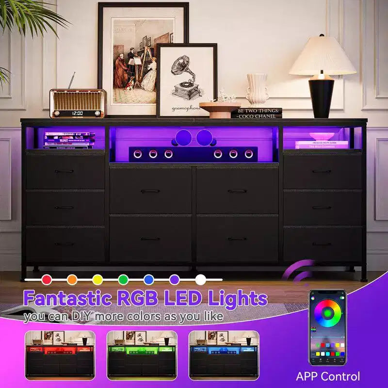 Commode 10 tiroirs de 160,8 cm, Meuble TV pour téléviseurs de 65, 70, 75 pouces, Commode en tissu avec lumières LED et prises de courant, Long meuble de rangement