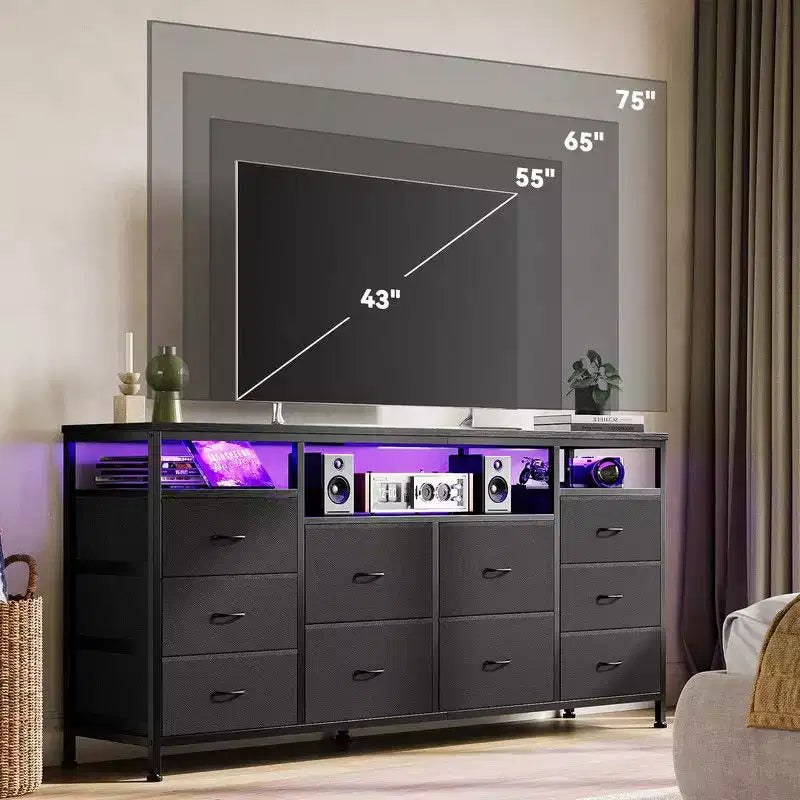 Commode 10 tiroirs de 160,8 cm, Meuble TV pour téléviseurs de 65, 70, 75 pouces, Commode en tissu avec lumières LED et prises de courant, Long meuble de rangement