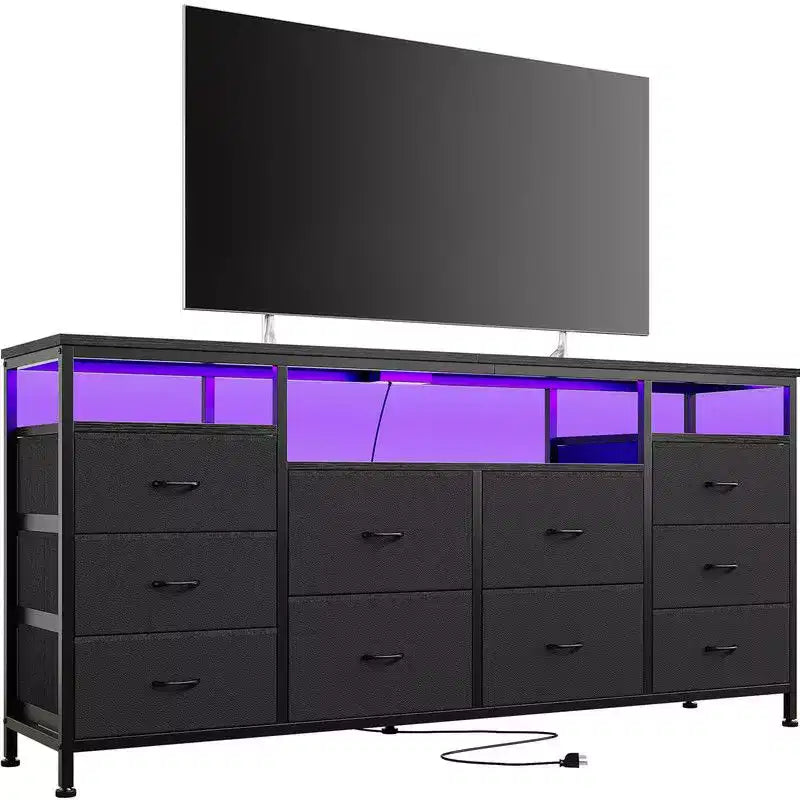 Commode 10 tiroirs de 160,8 cm, Meuble TV pour téléviseurs de 65, 70, 75 pouces, Commode en tissu avec lumières LED et prises de courant, Long meuble de rangement