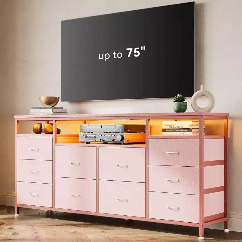 Commode 10 tiroirs de 160,8 cm, Meuble TV pour téléviseurs de 65, 70, 75 pouces, Commode en tissu avec lumières LED et prises de courant, Long meuble de rangement