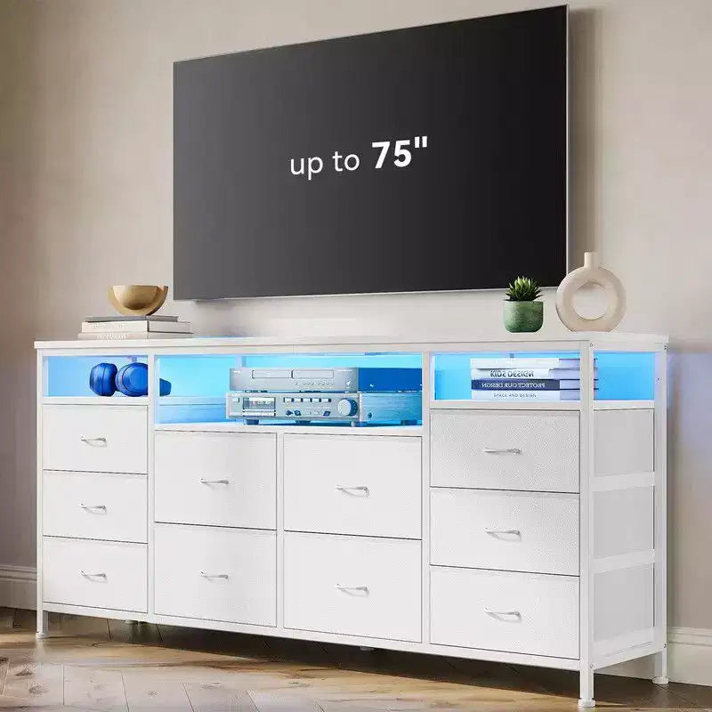 Commode 10 tiroirs de 160,8 cm, Meuble TV pour téléviseurs de 65, 70, 75 pouces, Commode en tissu avec lumières LED et prises de courant, Long meuble de rangement