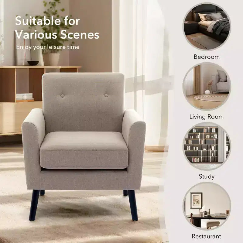 Fauteuil rembourré de salon, Fauteuil d'appoint moderne en tissu rembourré avec pieds en bois et coussin d'assise plus épais pour chambre à coucher et bureau