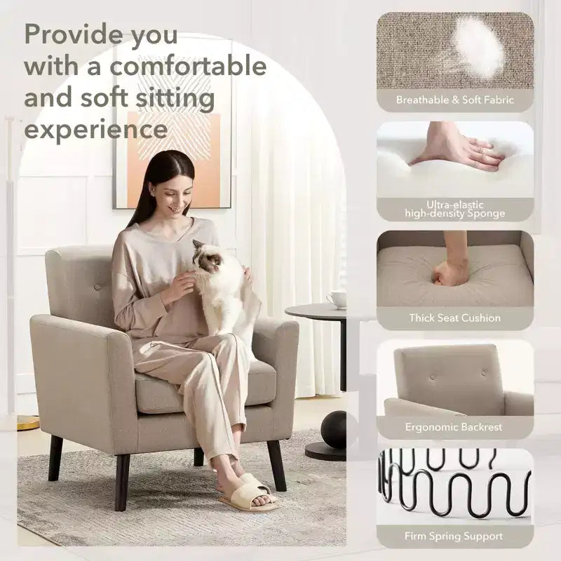 Fauteuil rembourré de salon, Fauteuil d'appoint moderne en tissu rembourré avec pieds en bois et coussin d'assise plus épais pour chambre à coucher et bureau