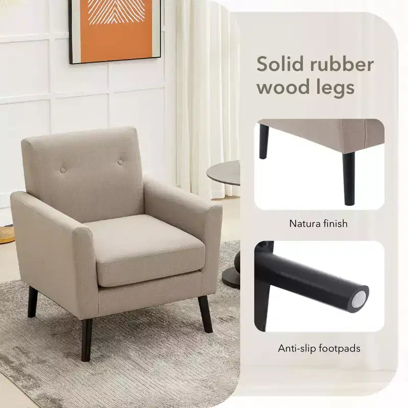 Fauteuil rembourré de salon, Fauteuil d'appoint moderne en tissu rembourré avec pieds en bois et coussin d'assise plus épais pour chambre à coucher et bureau