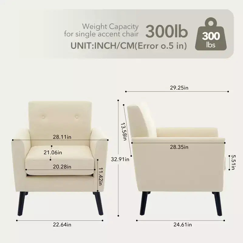 Fauteuil rembourré de salon, Fauteuil d'appoint moderne en tissu rembourré avec pieds en bois et coussin d'assise plus épais pour chambre à coucher et bureau