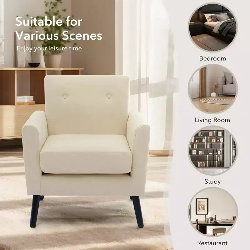 Fauteuil rembourré de salon, Fauteuil d'appoint moderne en tissu rembourré avec pieds en bois et coussin d'assise plus épais pour chambre à coucher et bureau