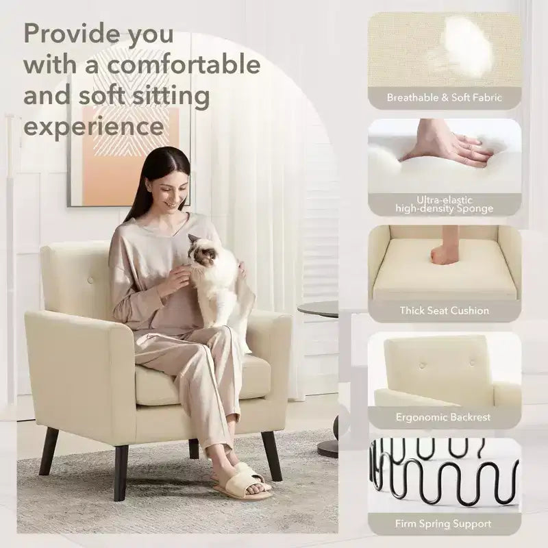 Fauteuil rembourré de salon, Fauteuil d'appoint moderne en tissu rembourré avec pieds en bois et coussin d'assise plus épais pour chambre à coucher et bureau
