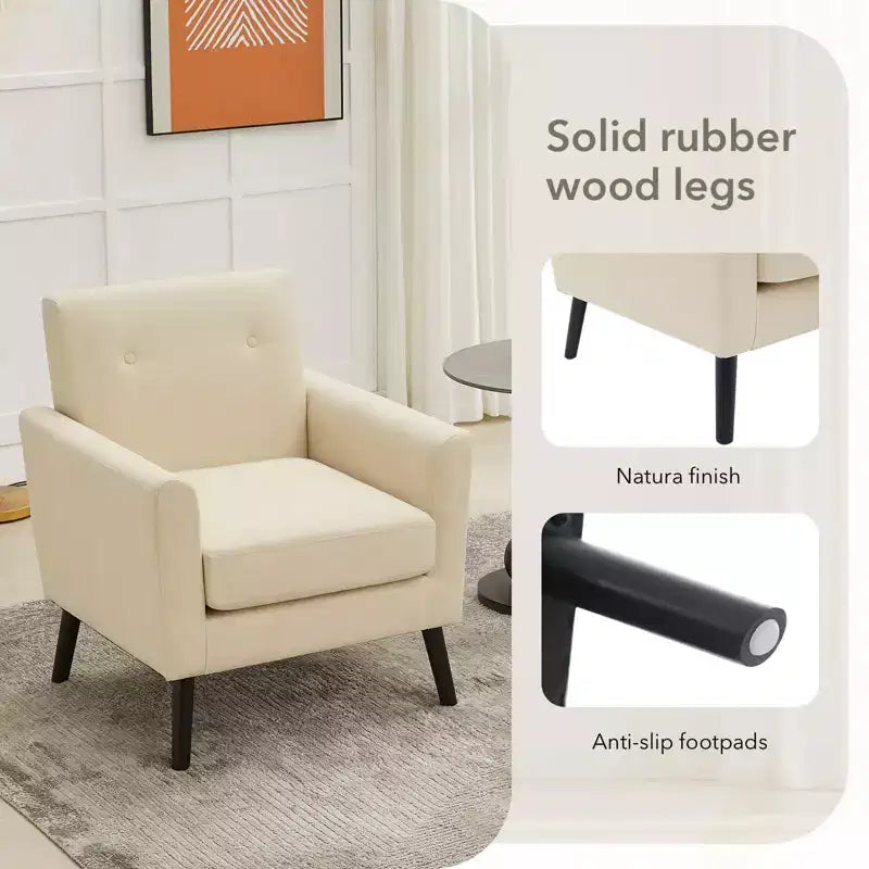 Fauteuil rembourré de salon, Fauteuil d'appoint moderne en tissu rembourré avec pieds en bois et coussin d'assise plus épais pour chambre à coucher et bureau