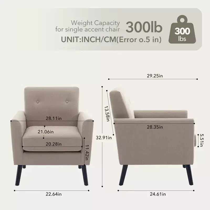 Fauteuil rembourré de salon, Fauteuil d'appoint moderne en tissu rembourré avec pieds en bois et coussin d'assise plus épais pour chambre à coucher et bureau