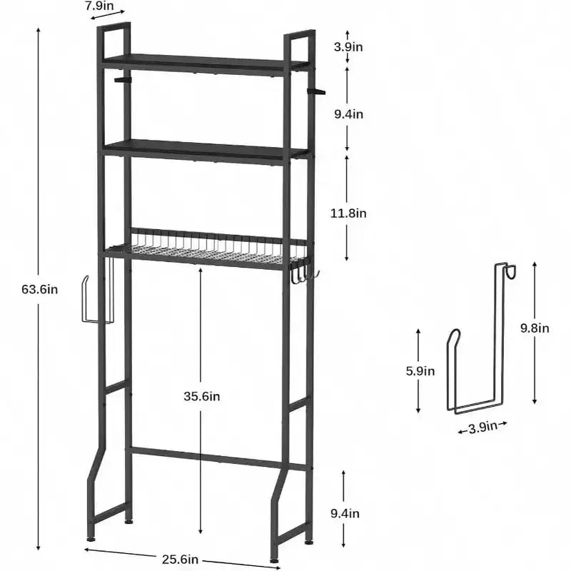 Meuble de rangement 3 niveaux en bois pour salle de bain, au-dessus des toilettes, organisateur noir, gain de place, étagère autoportante avec 4 crochets pour toilettes et buanderie