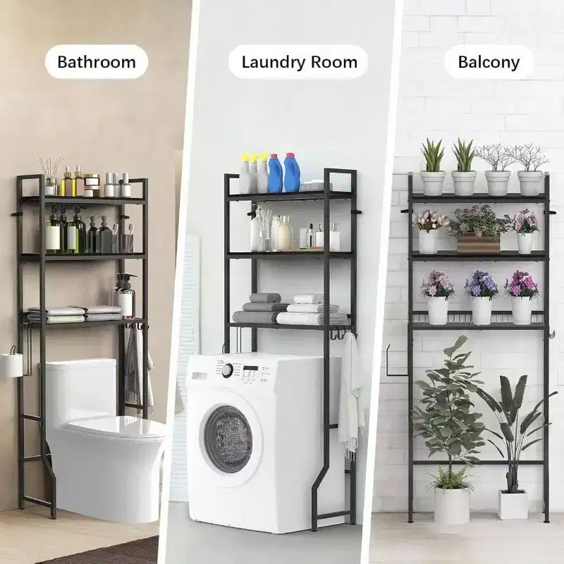 Meuble de rangement 3 niveaux en bois pour salle de bain, au-dessus des toilettes, organisateur noir, gain de place, étagère autoportante avec 4 crochets pour toilettes et buanderie