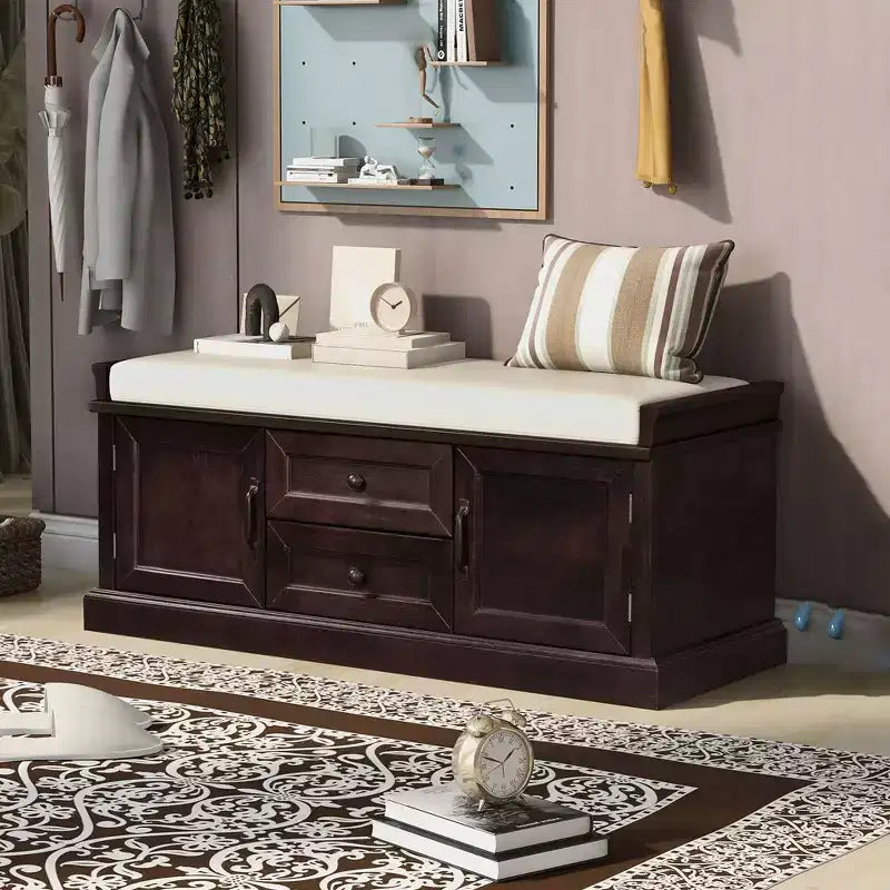 Banc de rangement en bois, Banc de rangement d'entrée avec tiroirs et armoires, Banc à chaussures de foyer avec coussin amovible pour entrée, chambre, salon