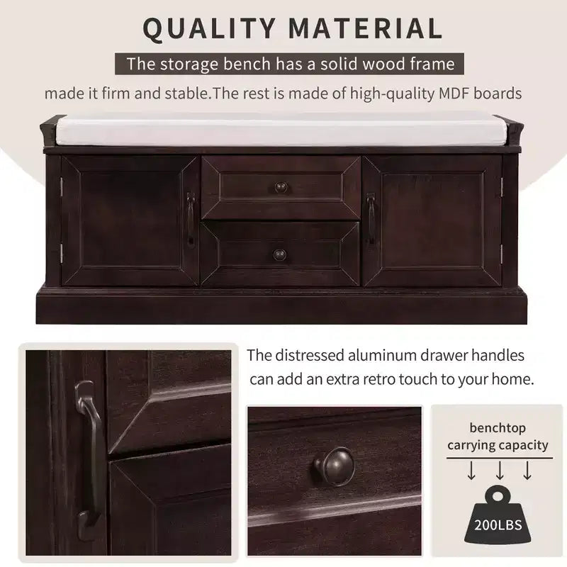 Banc de rangement en bois, Banc de rangement d'entrée avec tiroirs et armoires, Banc à chaussures de foyer avec coussin amovible pour entrée, chambre, salon