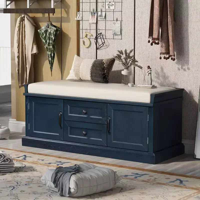 Banc de rangement en bois, Banc de rangement d'entrée avec tiroirs et armoires, Banc à chaussures de foyer avec coussin amovible pour entrée, chambre, salon