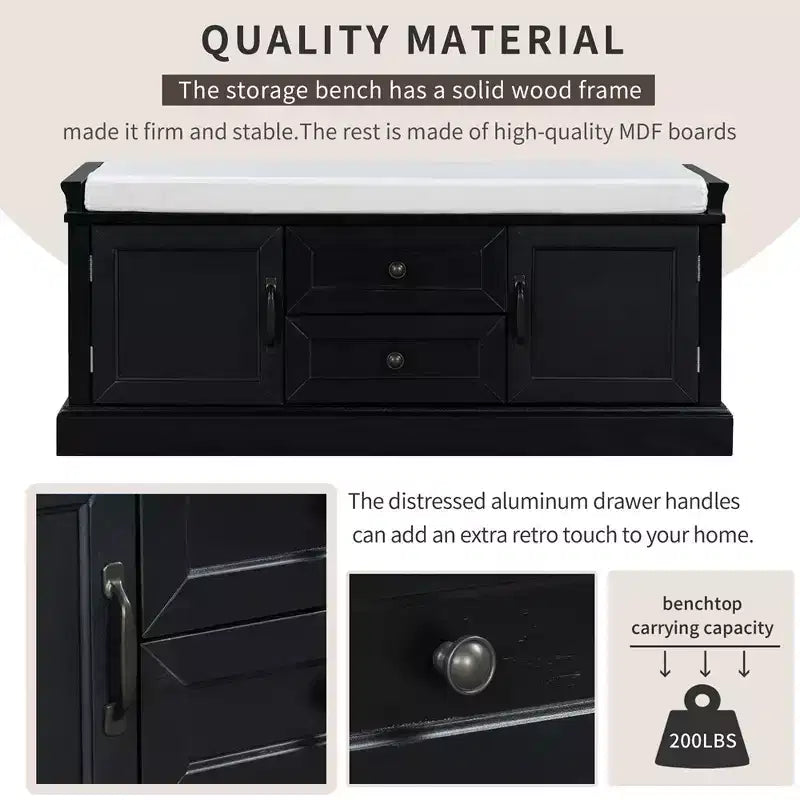 Banc de rangement en bois, Banc de rangement d'entrée avec tiroirs et armoires, Banc à chaussures de foyer avec coussin amovible pour entrée, chambre, salon