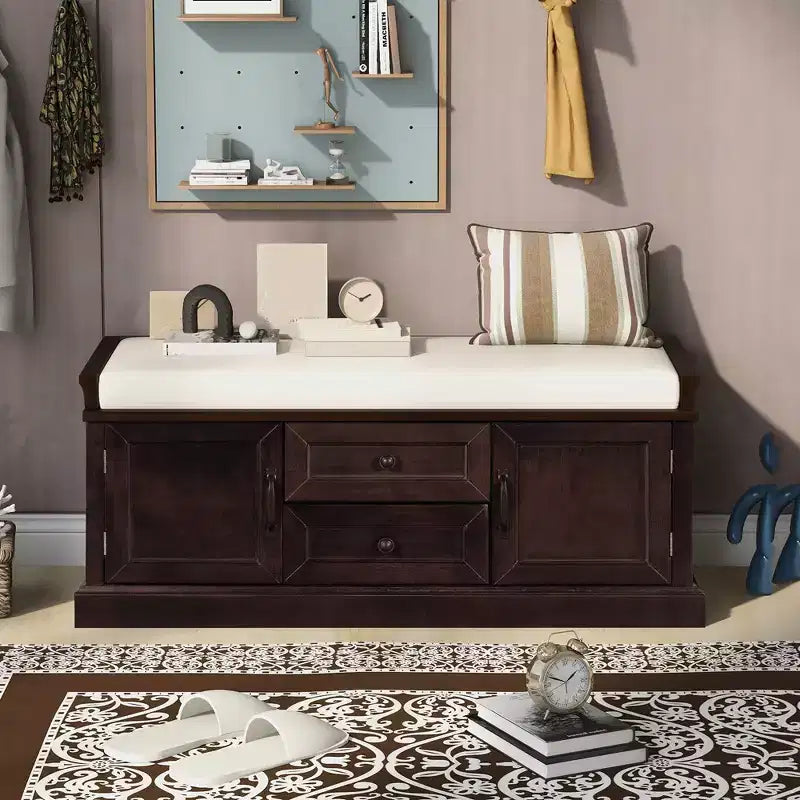 Banc de rangement en bois, Banc de rangement d'entrée avec tiroirs et armoires, Banc à chaussures de foyer avec coussin amovible pour entrée, chambre, salon