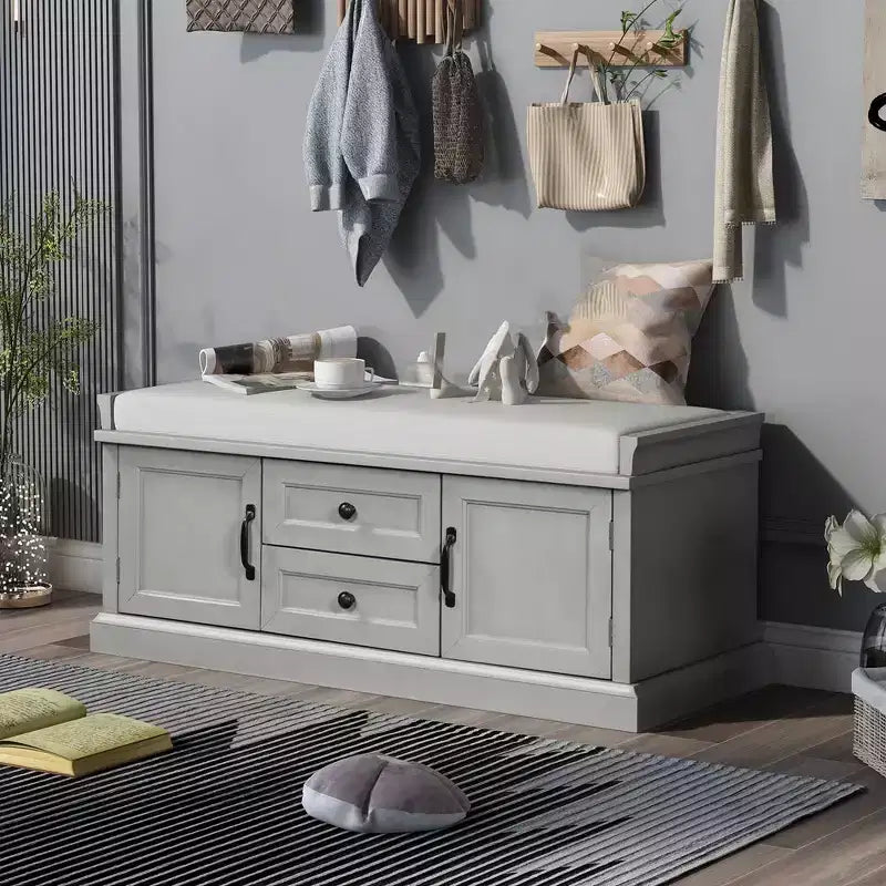 Banc de rangement en bois, Banc de rangement d'entrée avec tiroirs et armoires, Banc à chaussures de foyer avec coussin amovible pour entrée, chambre, salon