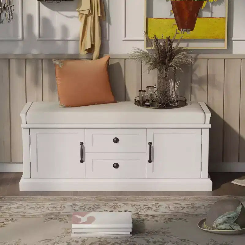 Banc de rangement en bois, Banc de rangement d'entrée avec tiroirs et armoires, Banc à chaussures de foyer avec coussin amovible pour entrée, chambre, salon