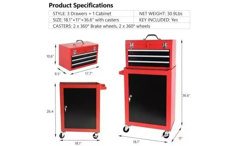 Meuble de rangement à roulettes 3 tiroirs - Roues verrouillables, grande capacité et étagères réglables, pour garage/entrepôt/atelier