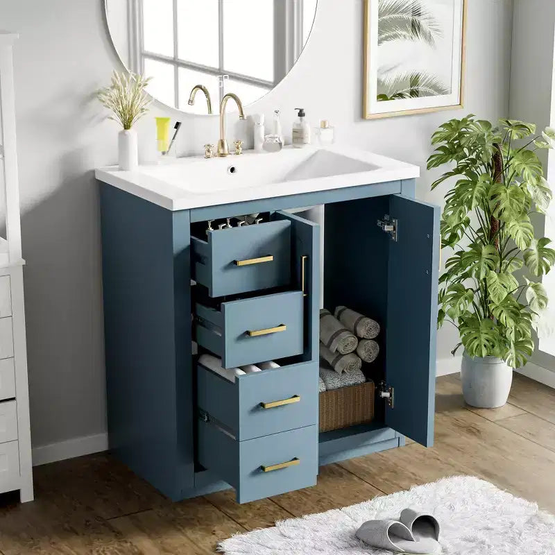 Meuble-lavabo de salle de bain de 30 po avec évier, meuble de rangement de salle de bain avec tiroirs, meuble-lavabo simple avec portes à fermeture douce