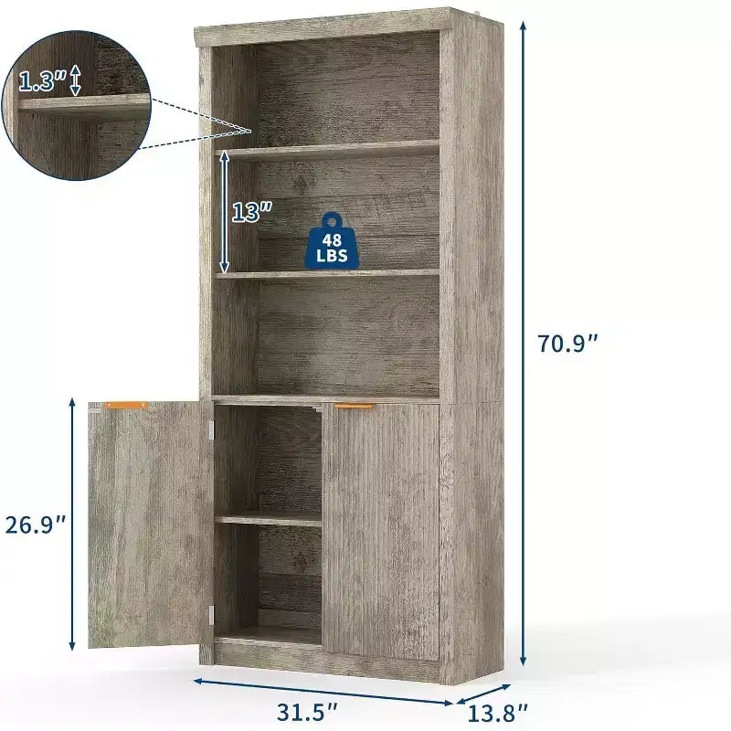 Bibliothèque à 5 étagères avec portes, Bibliothèque de rangement de 180 cm, Étagères réglables pour salon ou bureau