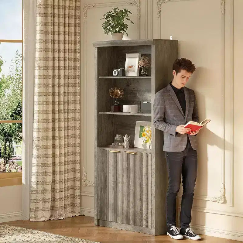 Bibliothèque à 5 étagères avec portes, Bibliothèque de rangement de 180 cm, Étagères réglables pour salon ou bureau