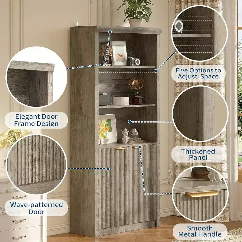 Bibliothèque à 5 étagères avec portes, Bibliothèque de rangement de 180 cm, Étagères réglables pour salon ou bureau