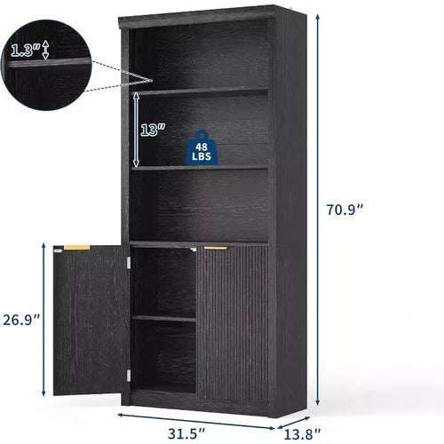 Bibliothèque à 5 étagères avec portes, Bibliothèque de rangement de 180 cm, Étagères réglables pour salon ou bureau
