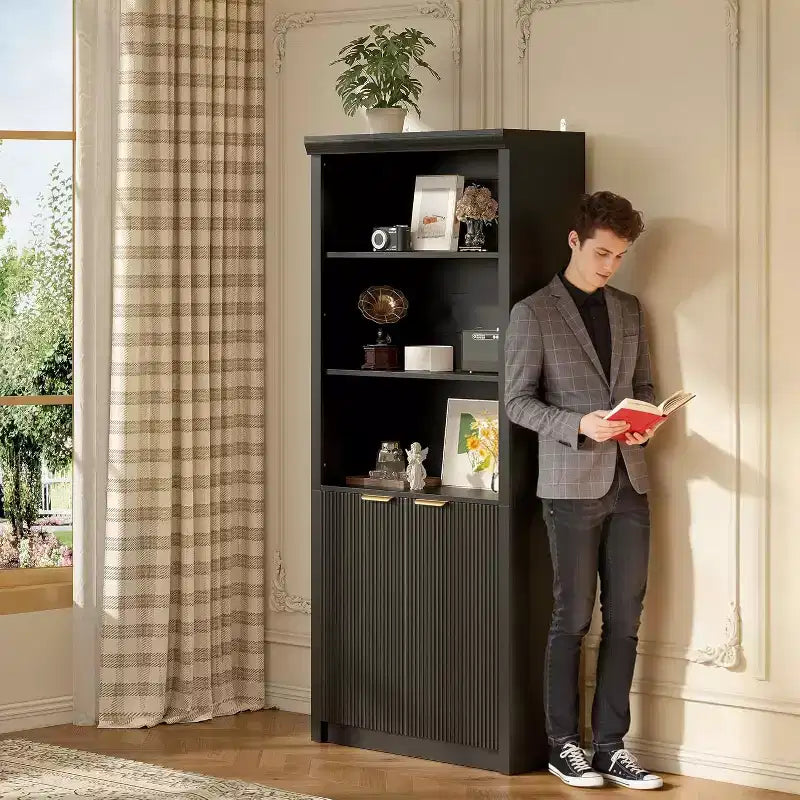 Bibliothèque à 5 étagères avec portes, Bibliothèque de rangement de 180 cm, Étagères réglables pour salon ou bureau