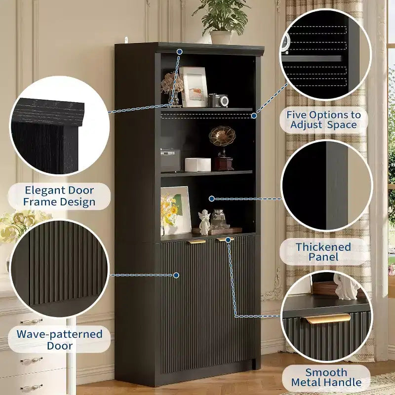 Bibliothèque à 5 étagères avec portes, Bibliothèque de rangement de 180 cm, Étagères réglables pour salon ou bureau