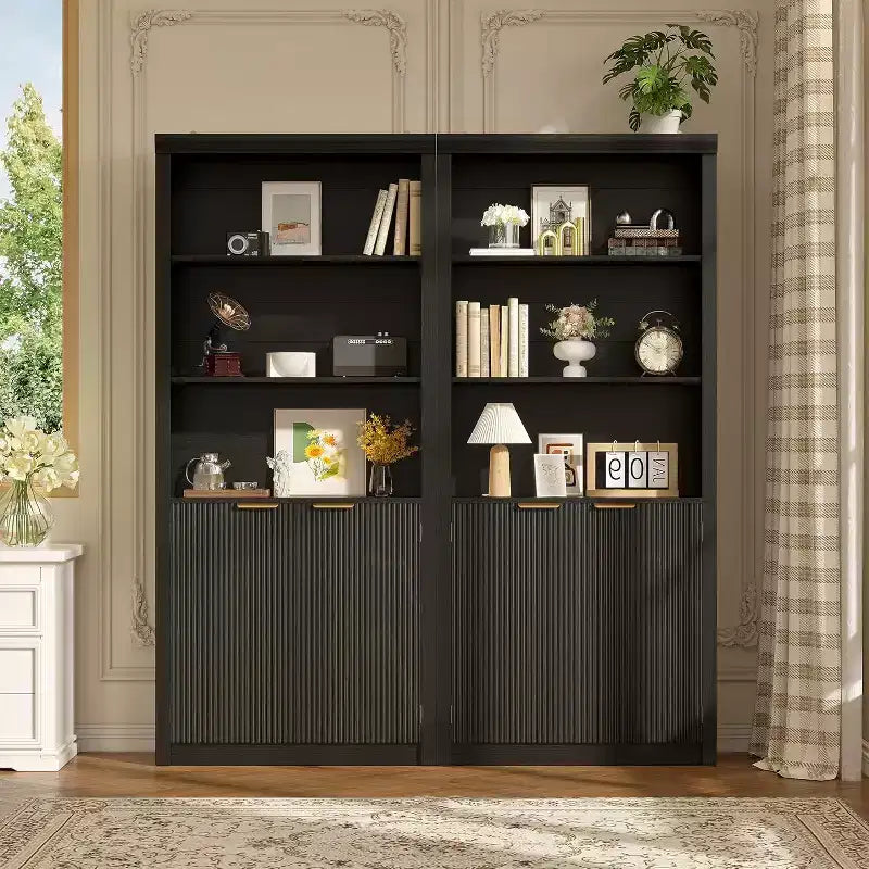 Bibliothèque à 5 étagères avec portes, Bibliothèque de rangement de 180 cm, Étagères réglables pour salon ou bureau