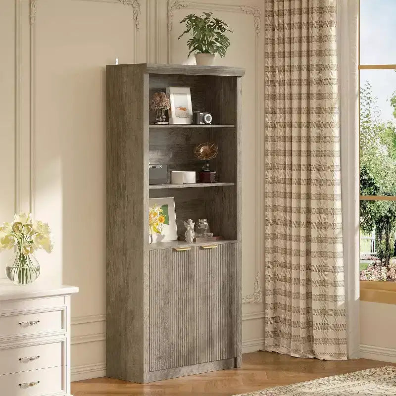 Bibliothèque à 5 étagères avec portes, Bibliothèque de rangement de 180 cm, Étagères réglables pour salon ou bureau
