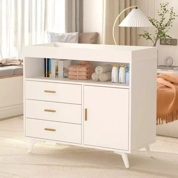 Table à langer commode, commode à 3 tiroirs avec matelas amovible et station de lange en bois pour chambre de bébé