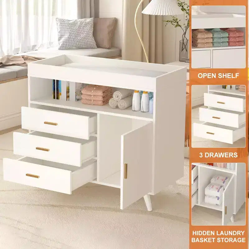 Table à langer commode, commode à 3 tiroirs avec matelas amovible et station de lange en bois pour chambre de bébé