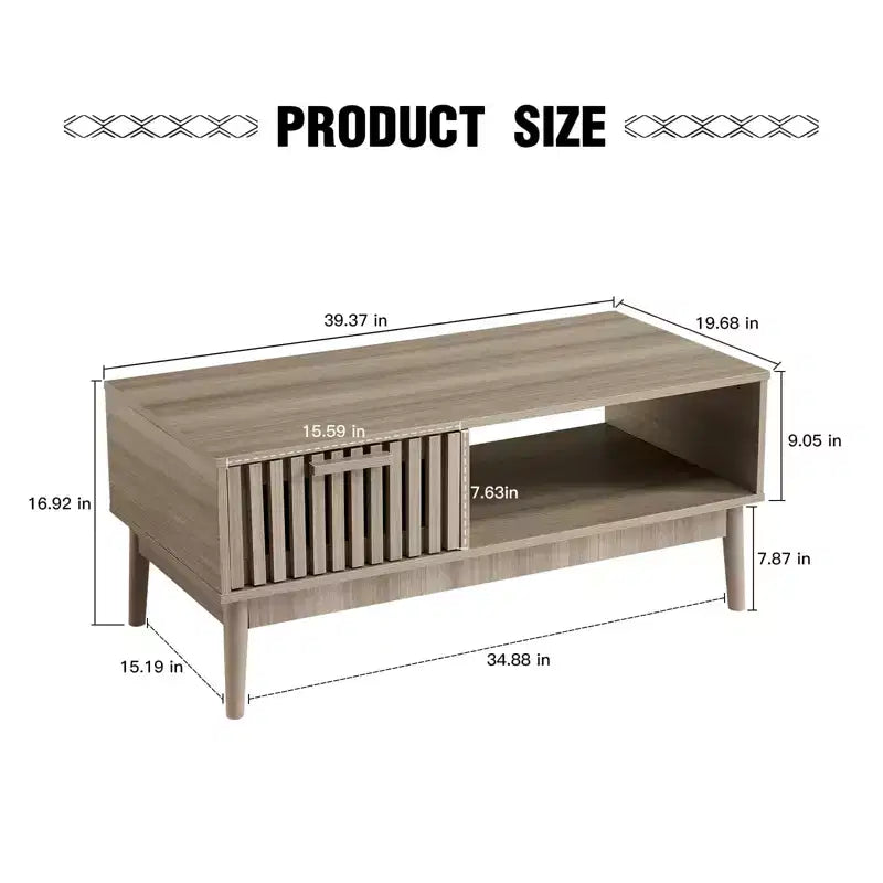 Table basse de 39,4 po avec tiroir et étagère ouverte, table centrale rectangulaire à 2 niveaux de style moderne du milieu du siècle pour salon