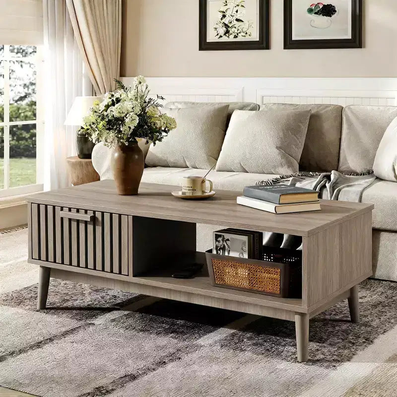 Table basse de 39,4 po avec tiroir et étagère ouverte, table centrale rectangulaire à 2 niveaux de style moderne du milieu du siècle pour salon