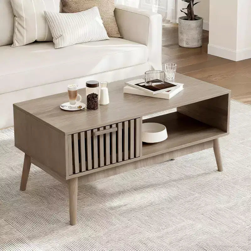 Table basse de 39,4 po avec tiroir et étagère ouverte, table centrale rectangulaire à 2 niveaux de style moderne du milieu du siècle pour salon