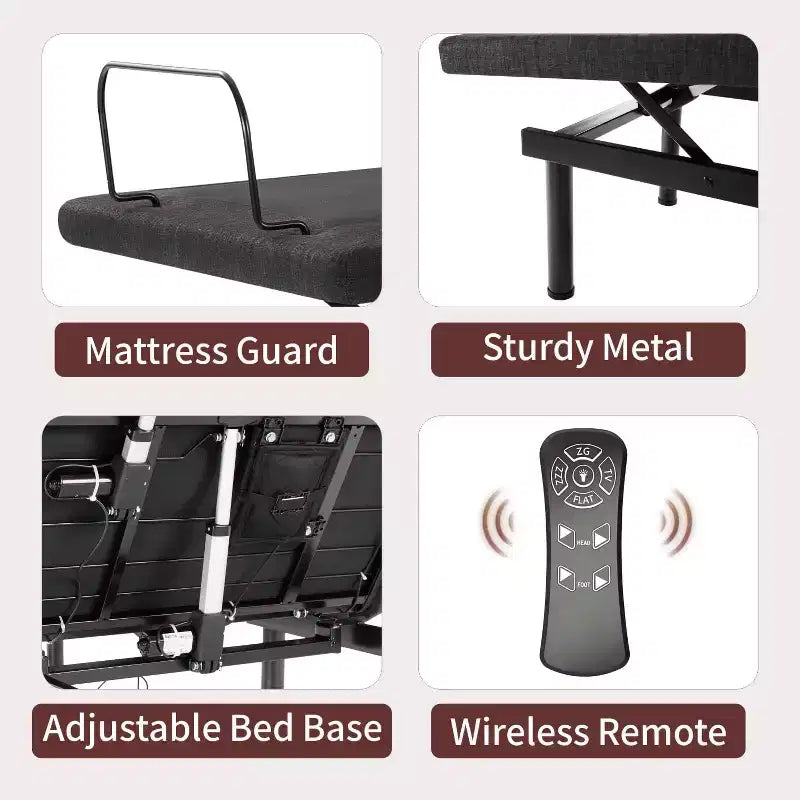 Sommier réglable électrique avec télécommande sans fil, relevage tête et pieds, apesanteur, anti-ronflement, métal et bois robustes, 3 hauteurs