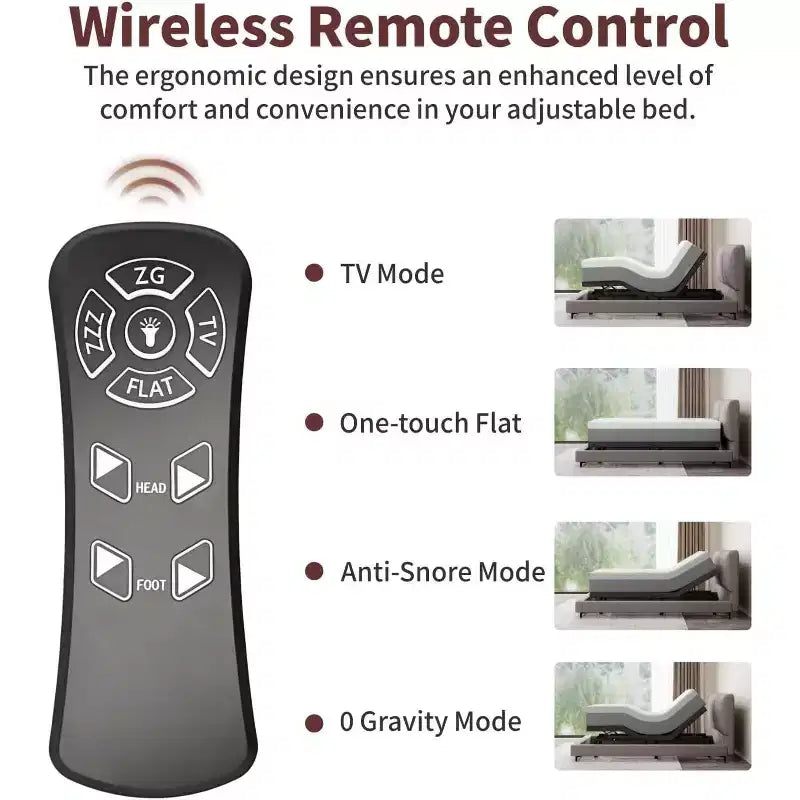 Sommier réglable électrique avec télécommande sans fil, relevage tête et pieds, apesanteur, anti-ronflement, métal et bois robustes, 3 hauteurs