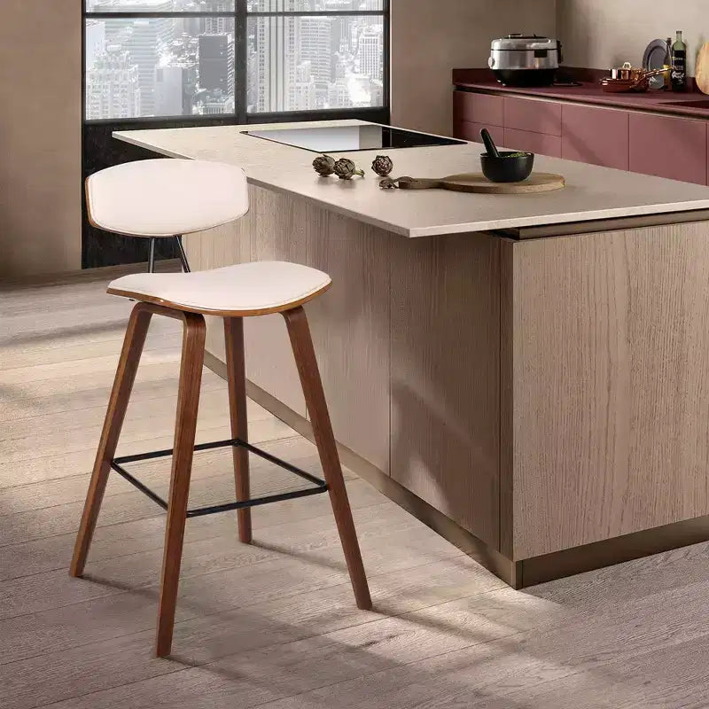 Tabouret de bar Fox mi-siècle de 28,5 po en similicuir avec bois brossé