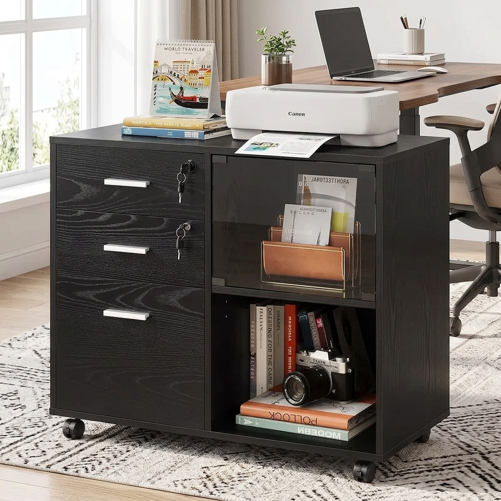 Meuble Classeur Bois à 3 Tiroirs avec Serrure, Armoire de Classement Latérale Mobile